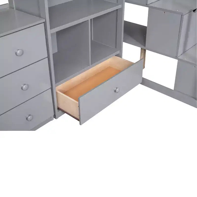 Letto a soppalco singolo con scrivania a L e scala contenitore, struttura a soppalco alta in legno con cassetti e armadietto per camera da letto e dormitorio
