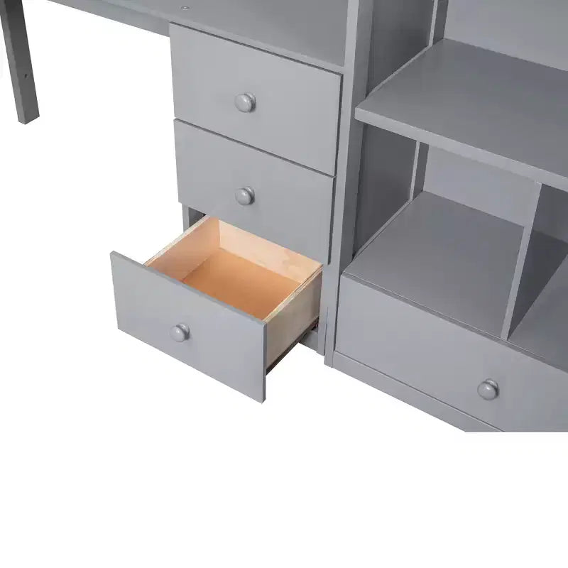 Letto a soppalco singolo con scrivania a L e scala contenitore, struttura a soppalco alta in legno con cassetti e armadietto per camera da letto e dormitorio