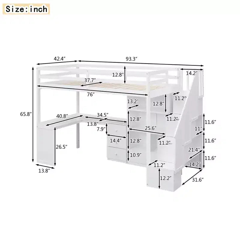 Letto a soppalco singolo con scrivania a L e scala contenitore, struttura a soppalco alta in legno con cassetti e armadietto per camera da letto e dormitorio