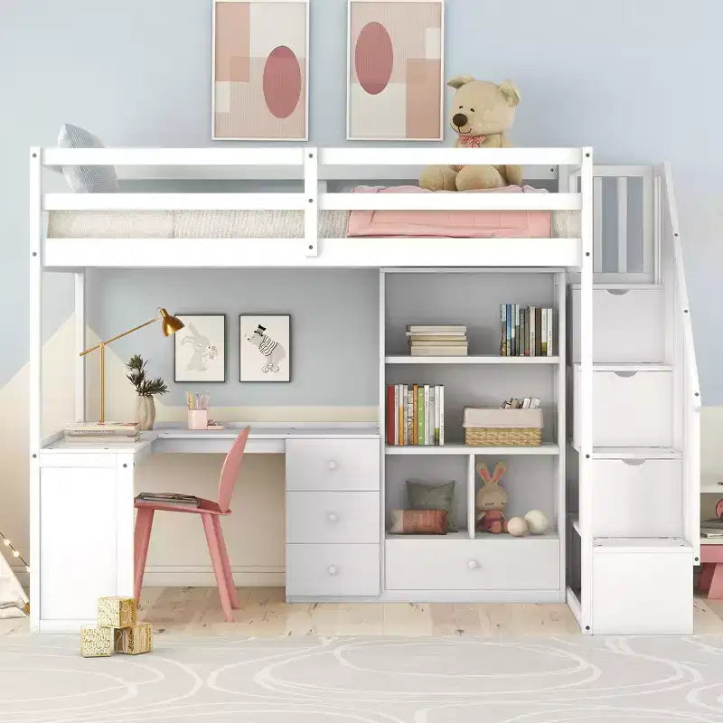 Letto a soppalco singolo con scrivania a L e scala contenitore, struttura a soppalco alta in legno con cassetti e armadietto per camera da letto e dormitorio