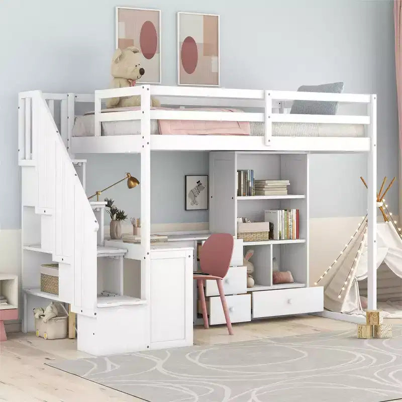 Letto a soppalco singolo con scrivania a L e scala contenitore, struttura a soppalco alta in legno con cassetti e armadietto per camera da letto e dormitorio