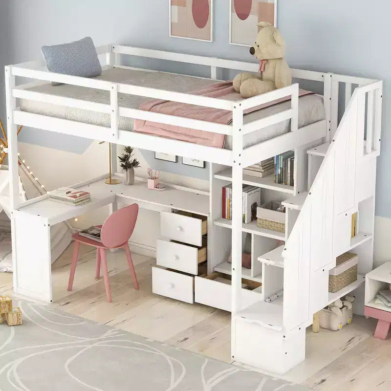 Letto a soppalco singolo con scrivania a L e scala contenitore, struttura a soppalco alta in legno con cassetti e armadietto per camera da letto e dormitorio