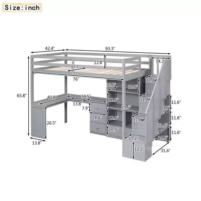 Letto a soppalco singolo con scrivania a L e scala contenitore, struttura a soppalco alta in legno con cassetti e armadietto per camera da letto e dormitorio