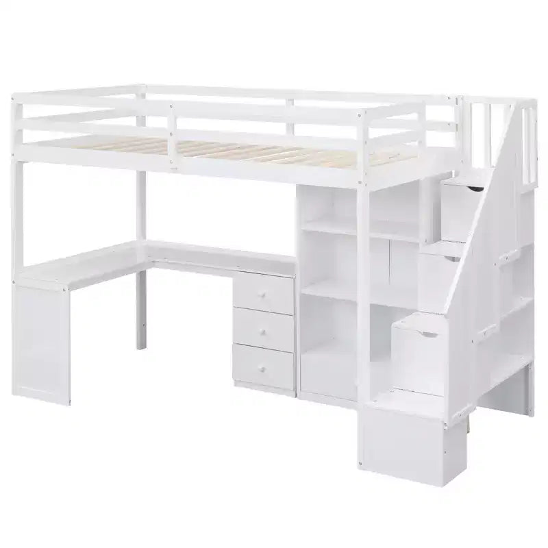 Letto a soppalco singolo con scrivania a L e scala contenitore, struttura a soppalco alta in legno con cassetti e armadietto per camera da letto e dormitorio