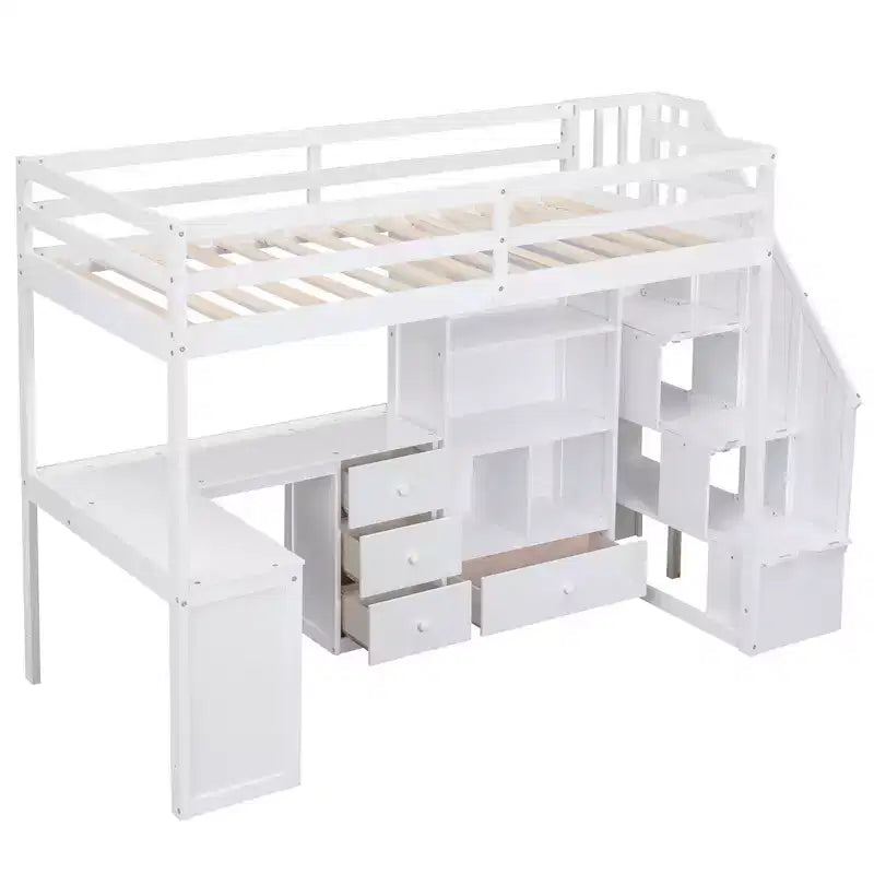 Letto a soppalco singolo con scrivania a L e scala contenitore, struttura a soppalco alta in legno con cassetti e armadietto per camera da letto e dormitorio