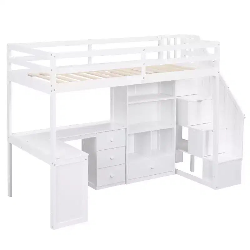 Letto a soppalco singolo con scrivania a L e scala contenitore, struttura a soppalco alta in legno con cassetti e armadietto per camera da letto e dormitorio