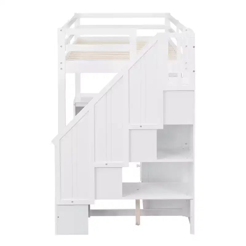 Letto a soppalco singolo con scrivania a L e scala contenitore, struttura a soppalco alta in legno con cassetti e armadietto per camera da letto e dormitorio