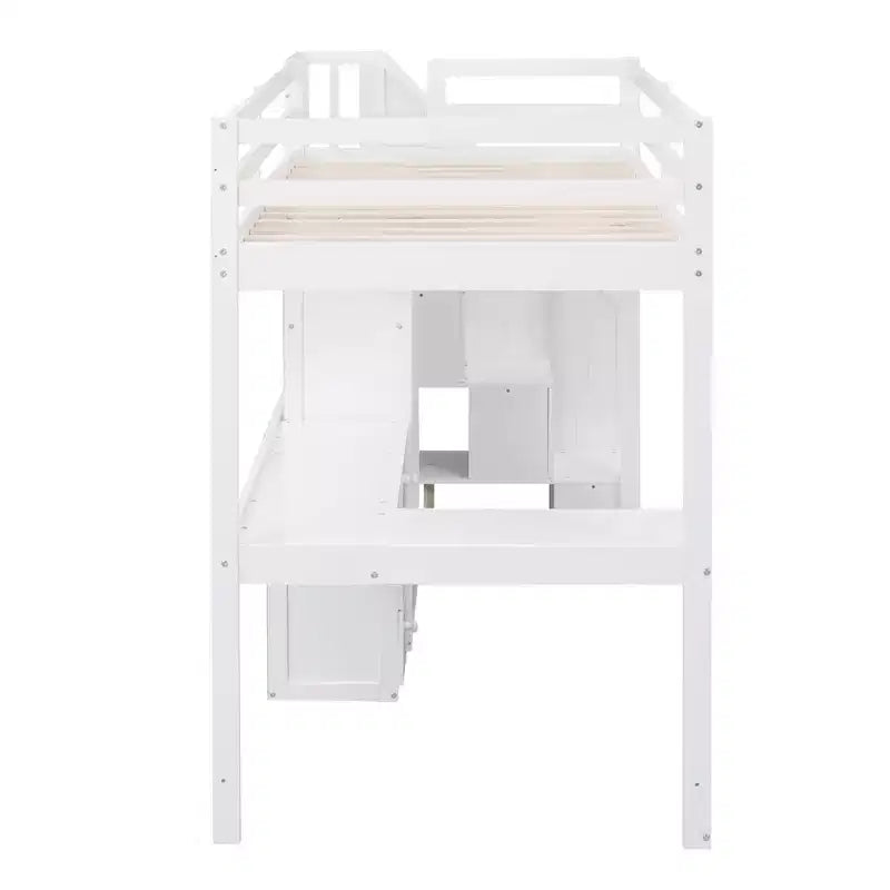 Letto a soppalco singolo con scrivania a L e scala contenitore, struttura a soppalco alta in legno con cassetti e armadietto per camera da letto e dormitorio