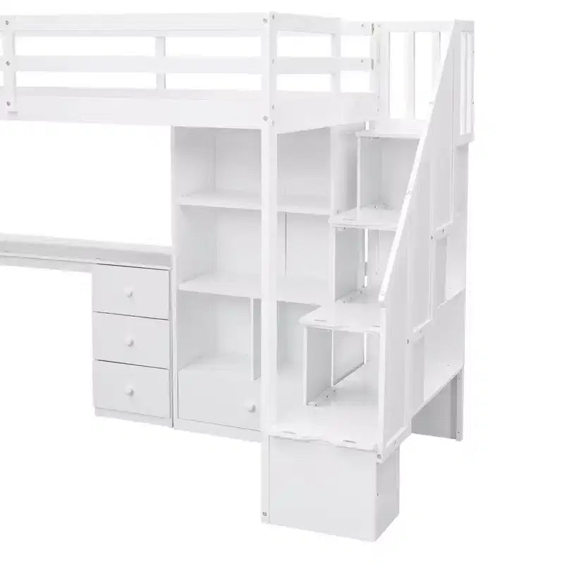 Letto a soppalco singolo con scrivania a L e scala contenitore, struttura a soppalco alta in legno con cassetti e armadietto per camera da letto e dormitorio