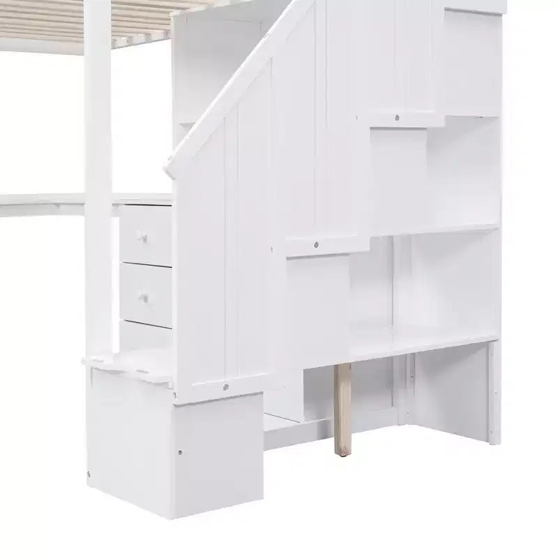 Letto a soppalco singolo con scrivania a L e scala contenitore, struttura a soppalco alta in legno con cassetti e armadietto per camera da letto e dormitorio