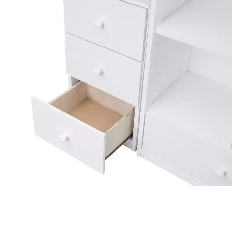 Letto a soppalco singolo con scrivania a L e scala contenitore, struttura a soppalco alta in legno con cassetti e armadietto per camera da letto e dormitorio
