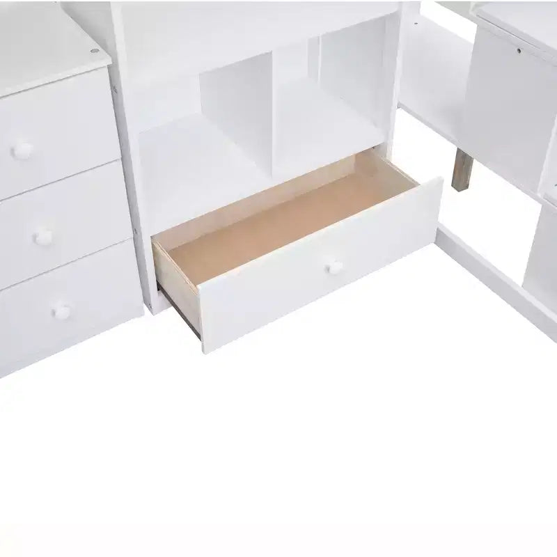 Letto a soppalco singolo con scrivania a L e scala contenitore, struttura a soppalco alta in legno con cassetti e armadietto per camera da letto e dormitorio