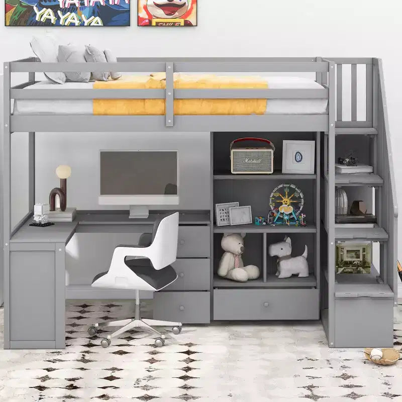 Letto a soppalco singolo con scrivania a L e scala contenitore, struttura a soppalco alta in legno con cassetti e armadietto per camera da letto e dormitorio