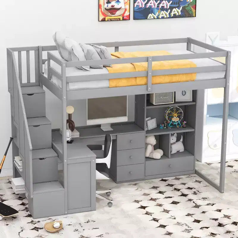 Letto a soppalco singolo con scrivania a L e scala contenitore, struttura a soppalco alta in legno con cassetti e armadietto per camera da letto e dormitorio