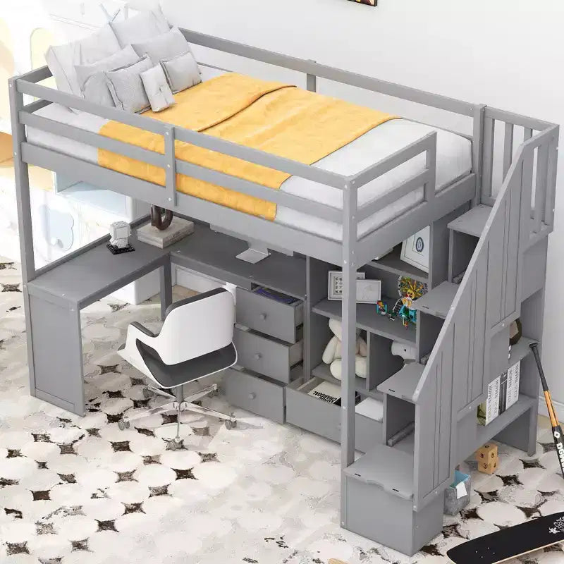 Letto a soppalco singolo con scrivania a L e scala contenitore, struttura a soppalco alta in legno con cassetti e armadietto per camera da letto e dormitorio