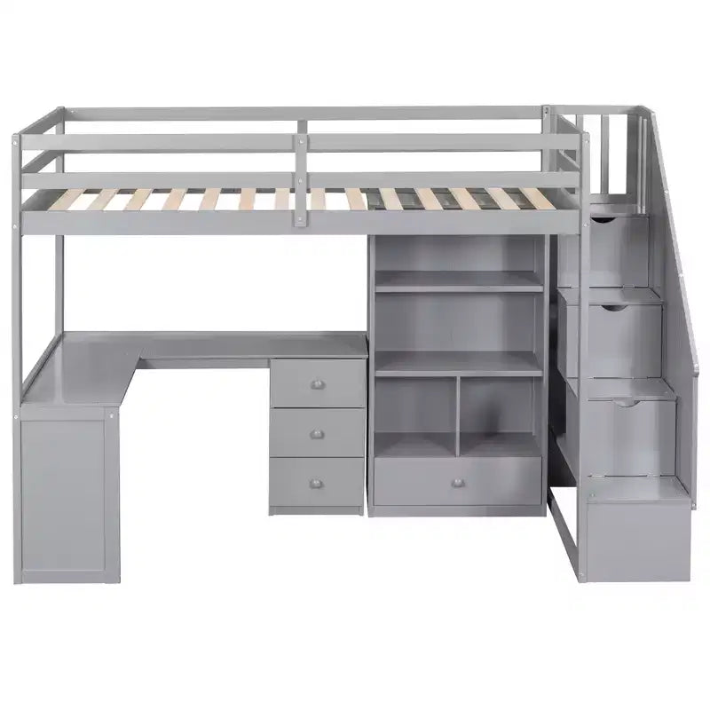 Letto a soppalco singolo con scrivania a L e scala contenitore, struttura a soppalco alta in legno con cassetti e armadietto per camera da letto e dormitorio