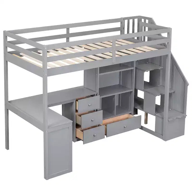 Letto a soppalco singolo con scrivania a L e scala contenitore, struttura a soppalco alta in legno con cassetti e armadietto per camera da letto e dormitorio