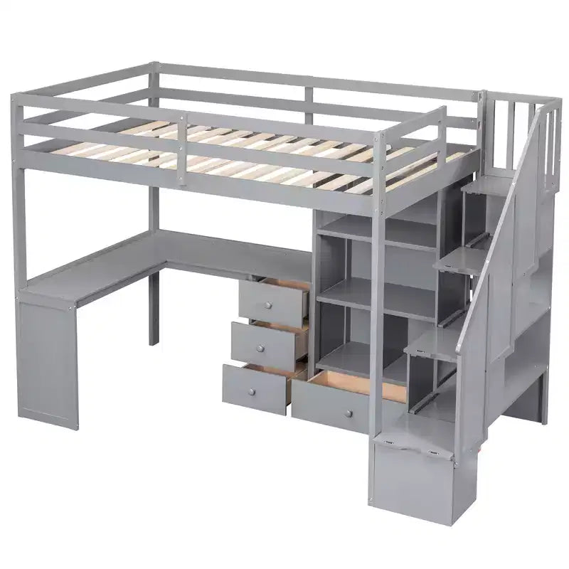 Letto a soppalco singolo con scrivania a L e scala contenitore, struttura a soppalco alta in legno con cassetti e armadietto per camera da letto e dormitorio