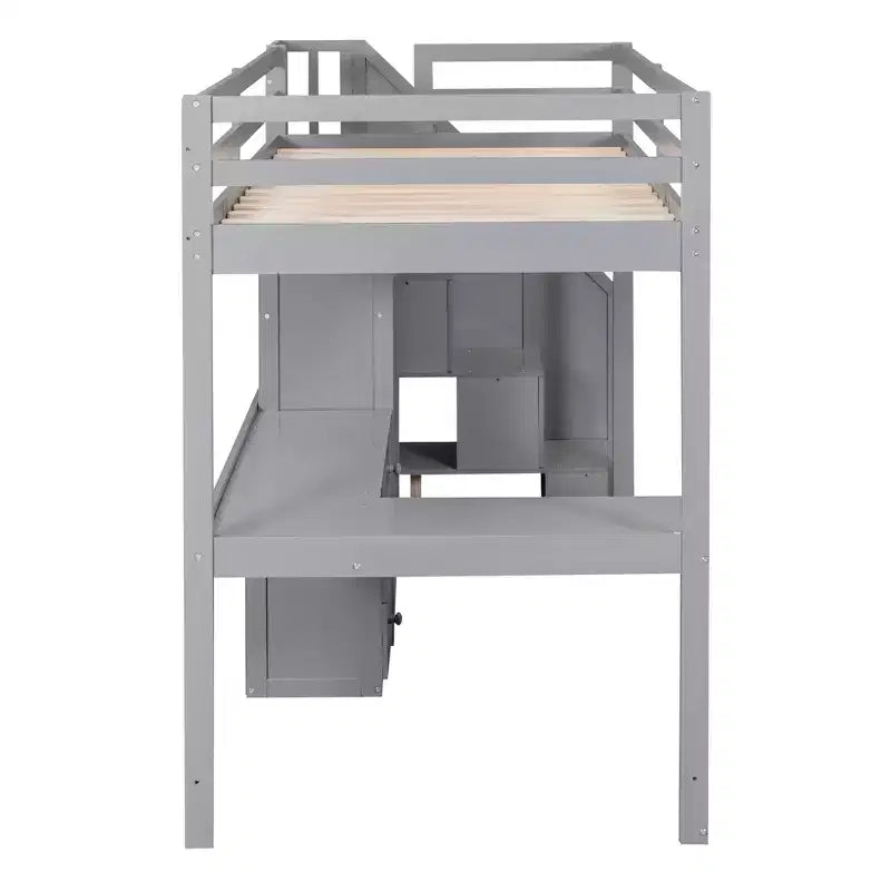 Letto a soppalco singolo con scrivania a L e scala contenitore, struttura a soppalco alta in legno con cassetti e armadietto per camera da letto e dormitorio