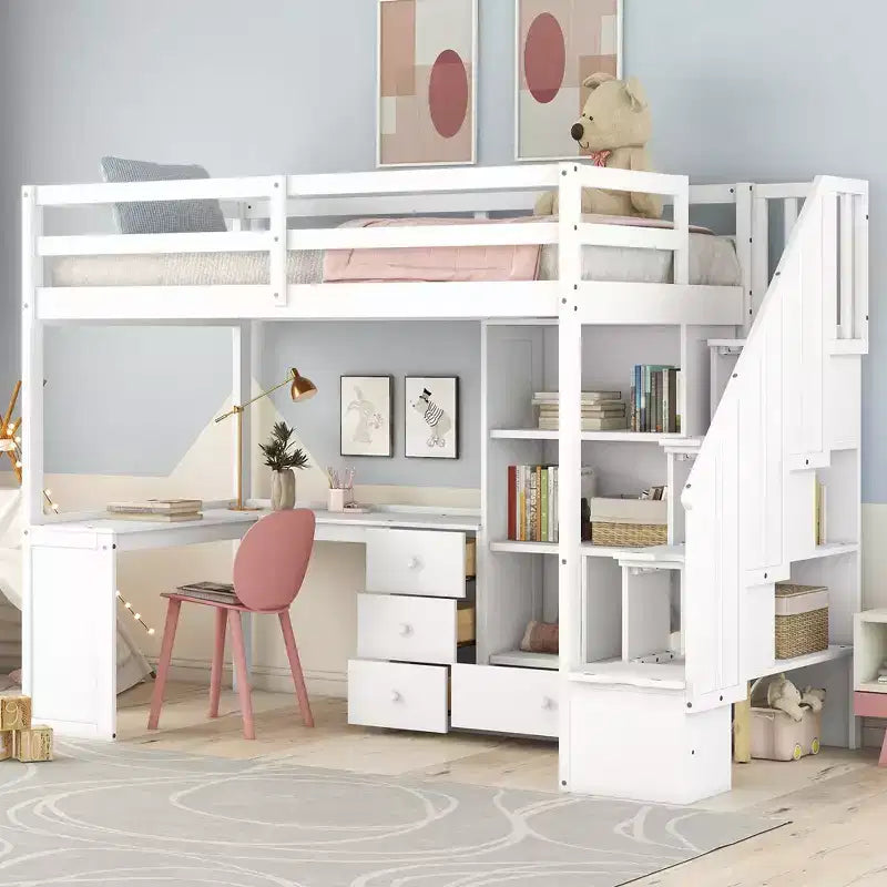Letto a soppalco singolo con scrivania a L e scala contenitore, struttura a soppalco alta in legno con cassetti e armadietto per camera da letto e dormitorio
