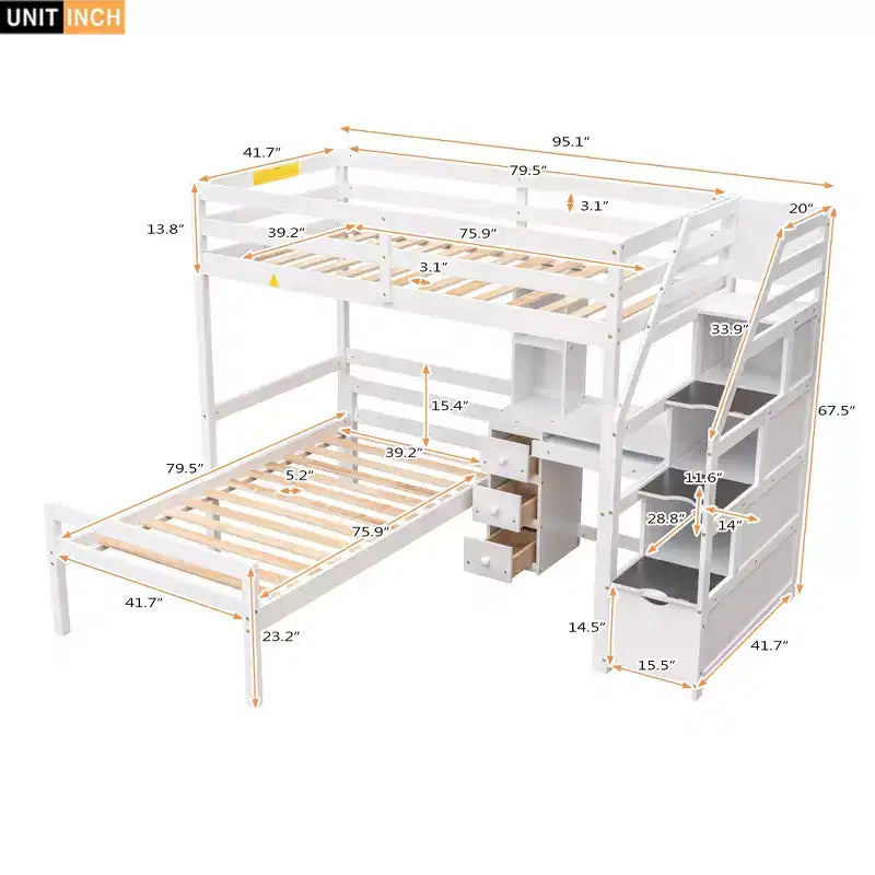Letto a castello a L con due letti singoli, scala contenitore, scrivania, mensole e cassetti, letto a soppalco in legno con giroletto indipendente