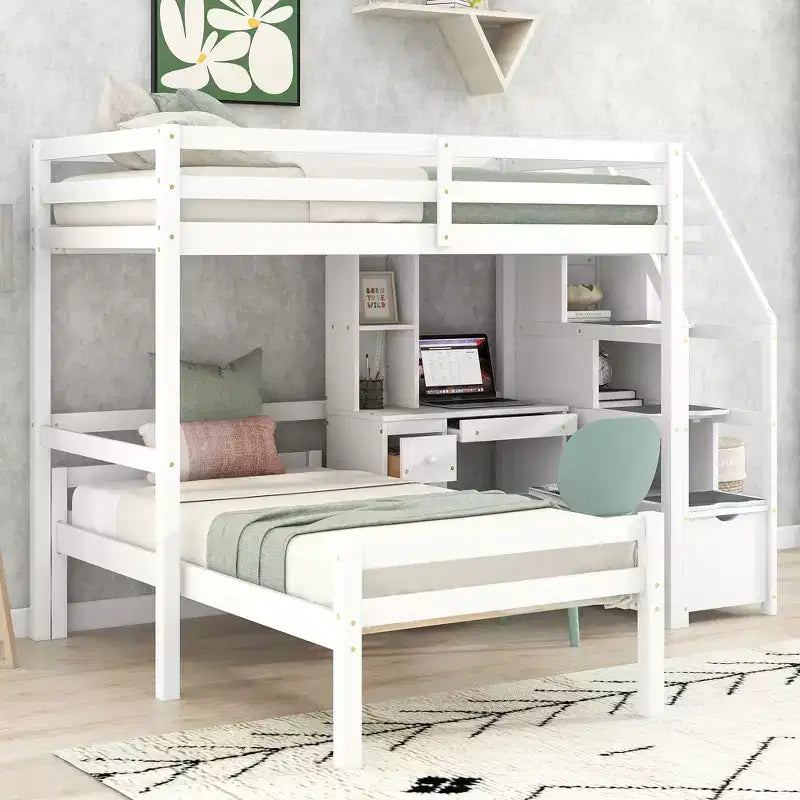 Letto a castello a L con due letti singoli, scala contenitore, scrivania, mensole e cassetti, letto a soppalco in legno con giroletto indipendente