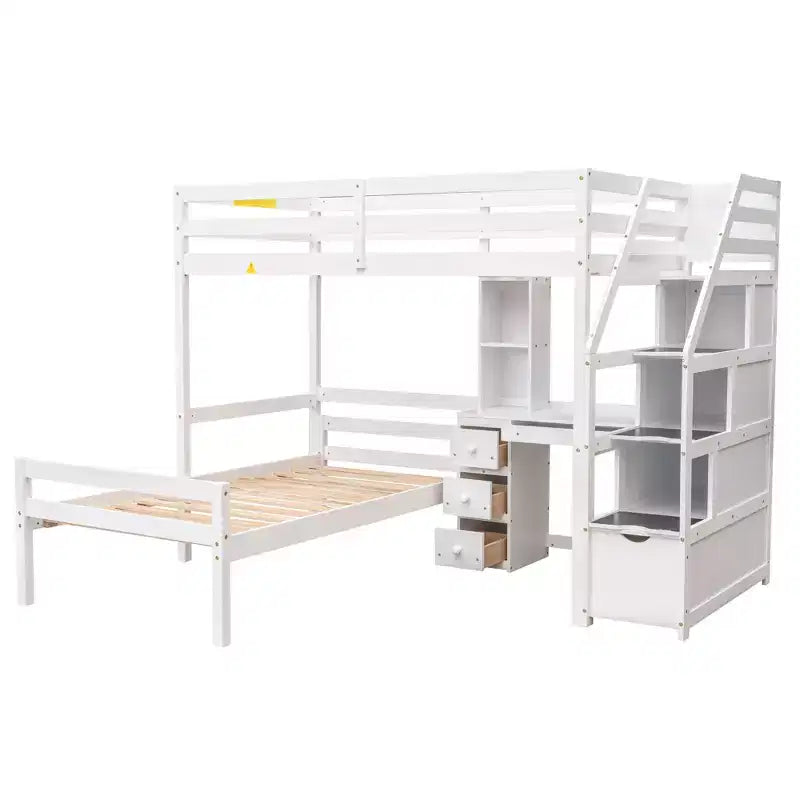 Letto a castello a L con due letti singoli, scala contenitore, scrivania, mensole e cassetti, letto a soppalco in legno con giroletto indipendente