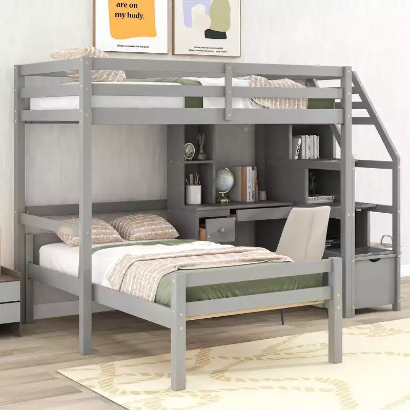 Letto a castello a L con due letti singoli, scala contenitore, scrivania, mensole e cassetti, letto a soppalco in legno con giroletto indipendente