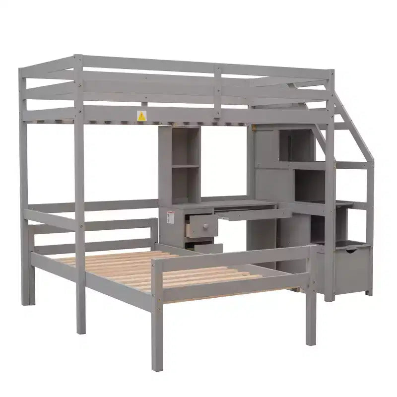 Letto a castello a L con due letti singoli, scala contenitore, scrivania, mensole e cassetti, letto a soppalco in legno con giroletto indipendente