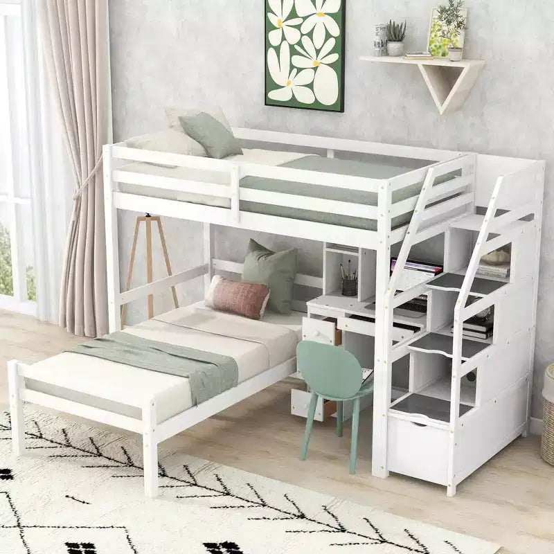 Letto a castello a L con due letti singoli, scala contenitore, scrivania, mensole e cassetti, letto a soppalco in legno con giroletto indipendente