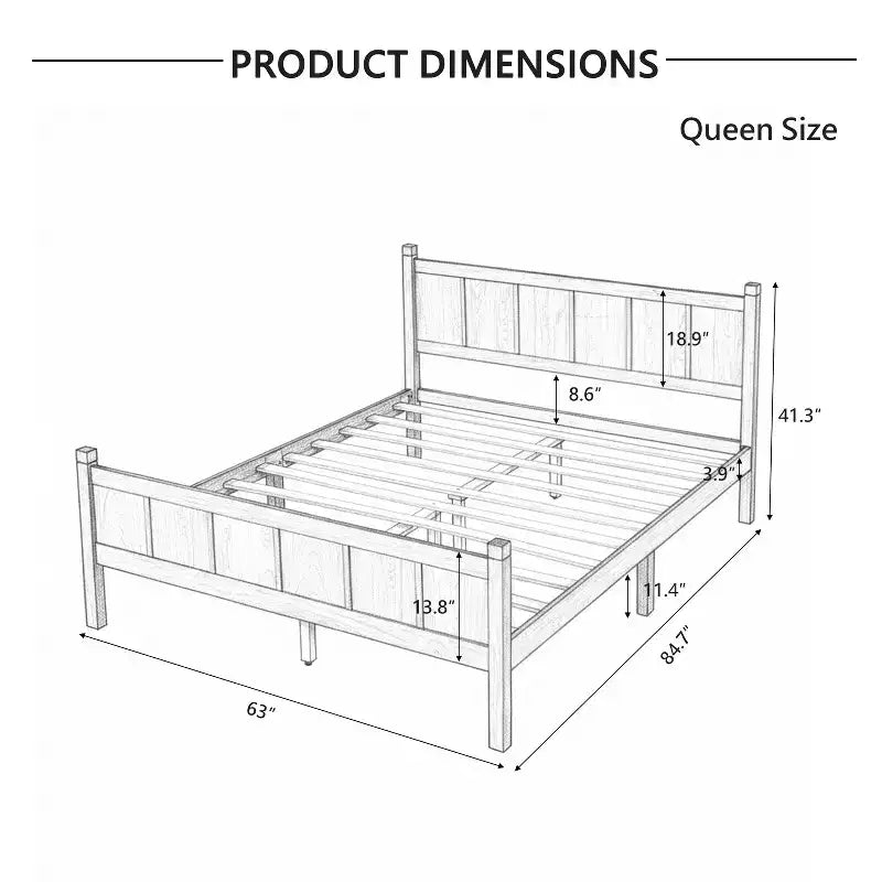 Letto Queen a piattaforma con pannello piatto con testiera e pediera, struttura del letto rustica Shaker in venature del legno, noce scuro