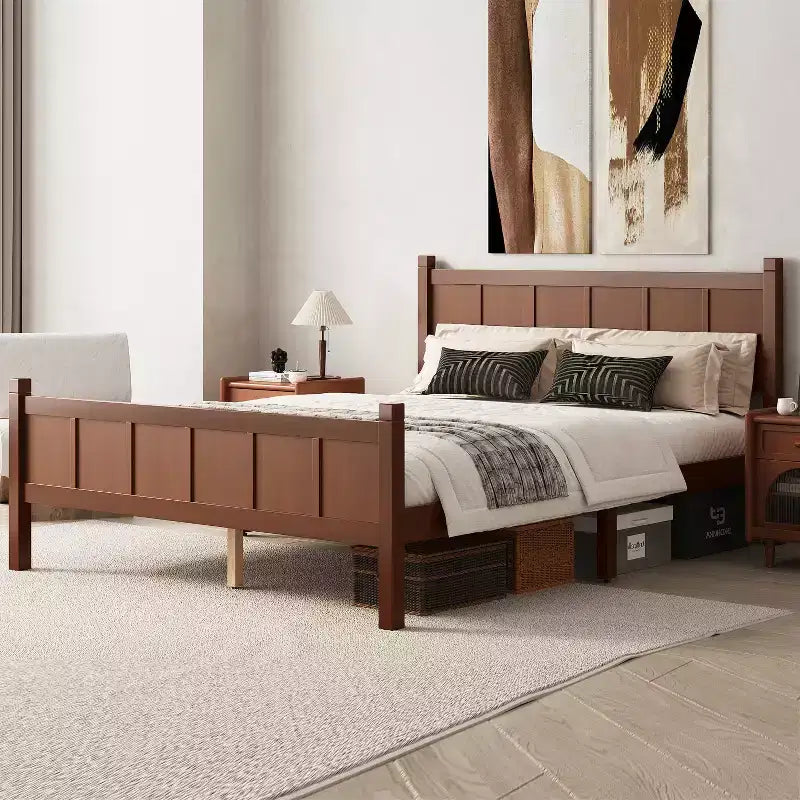 Letto Queen a piattaforma con pannello piatto con testiera e pediera, struttura del letto rustica Shaker in venature del legno, noce scuro