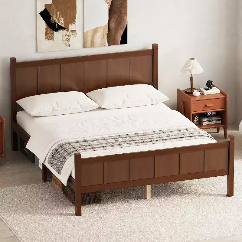 Letto Queen a piattaforma con pannello piatto con testiera e pediera, struttura del letto rustica Shaker in venature del legno, noce scuro