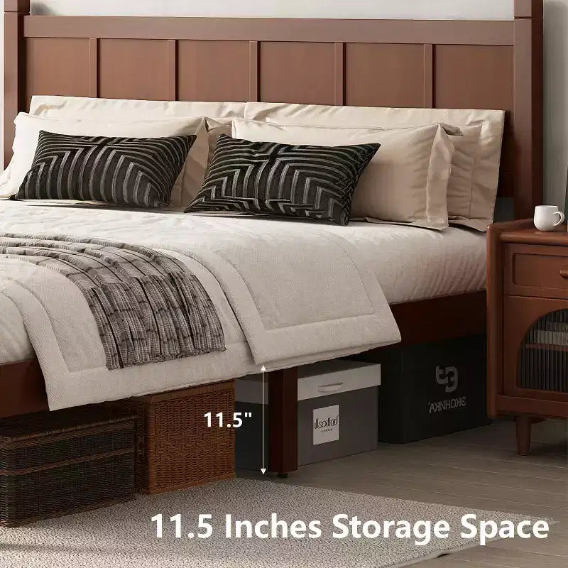 Letto Queen a piattaforma con pannello piatto con testiera e pediera, struttura del letto rustica Shaker in venature del legno, noce scuro