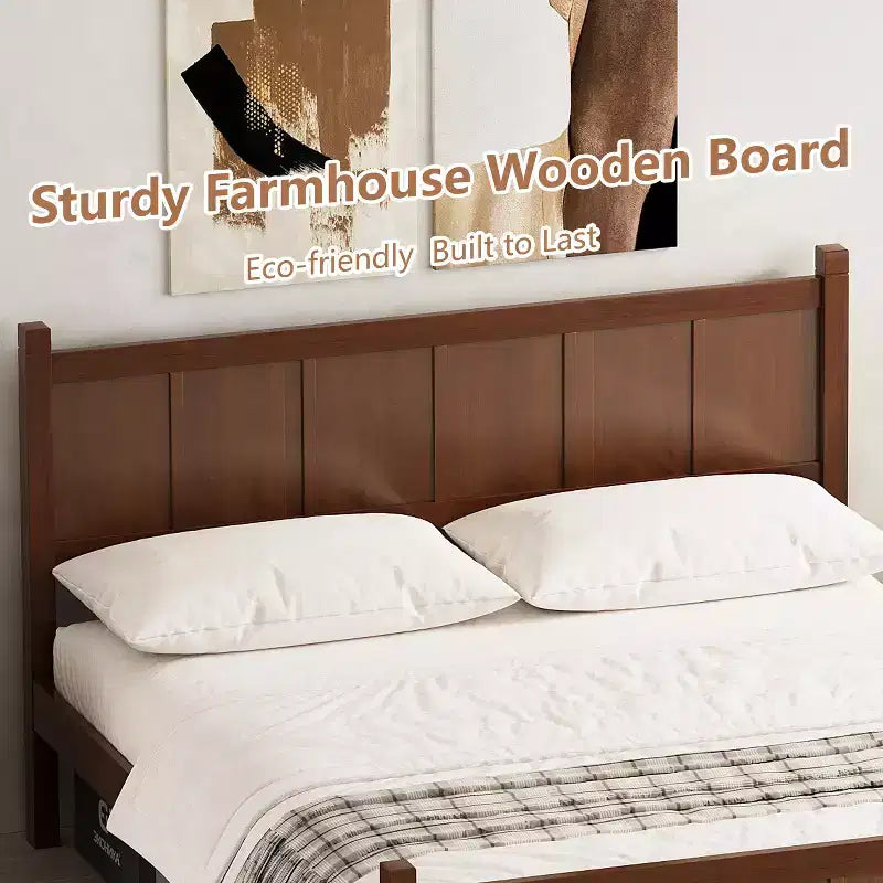Letto Queen a piattaforma con pannello piatto con testiera e pediera, struttura del letto rustica Shaker in venature del legno, noce scuro