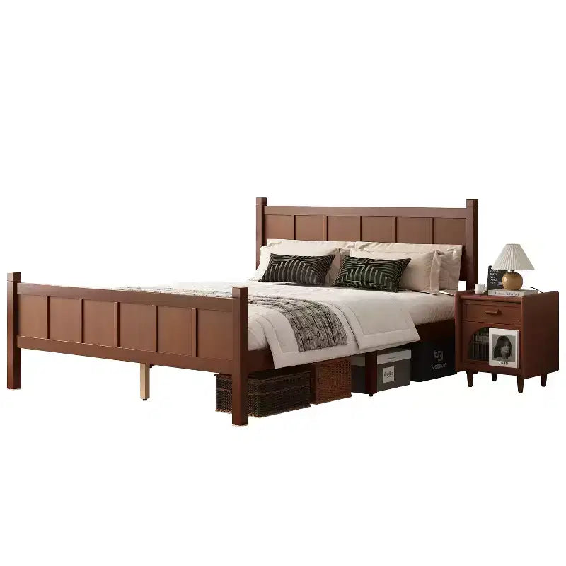 Letto Queen a piattaforma con pannello piatto con testiera e pediera, struttura del letto rustica Shaker in venature del legno, noce scuro