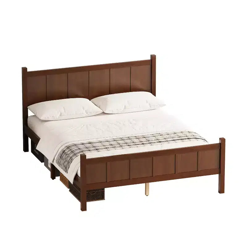 Letto Queen a piattaforma con pannello piatto con testiera e pediera, struttura del letto rustica Shaker in venature del legno, noce scuro