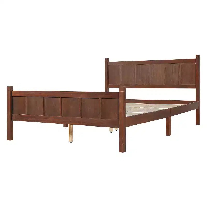 Letto Queen a piattaforma con pannello piatto con testiera e pediera, struttura del letto rustica Shaker in venature del legno, noce scuro