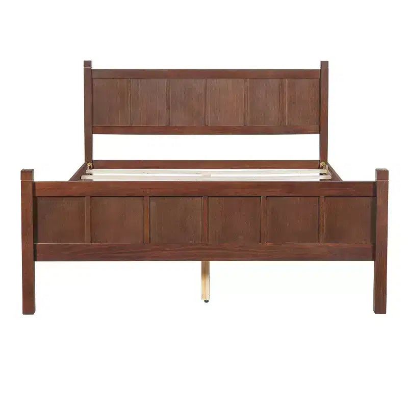 Letto Queen a piattaforma con pannello piatto con testiera e pediera, struttura del letto rustica Shaker in venature del legno, noce scuro