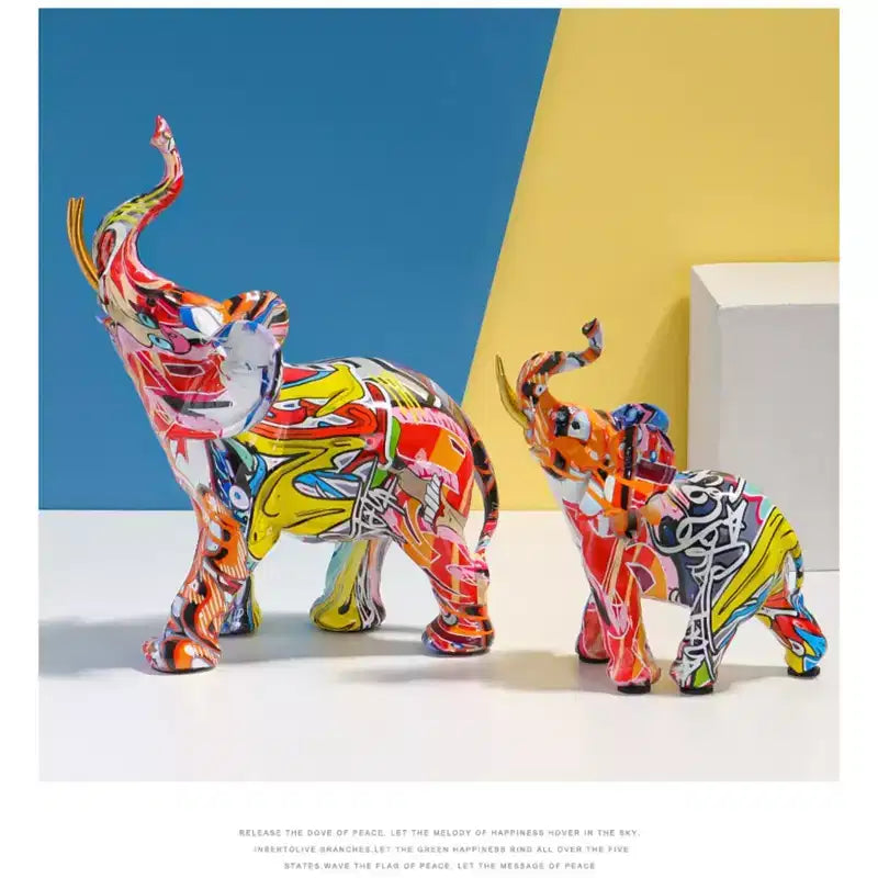 Statuetta di elefante in resina colorata effetto graffiti - Decorazione per la casa stampata a trasferimento ad acqua per il soggiorno