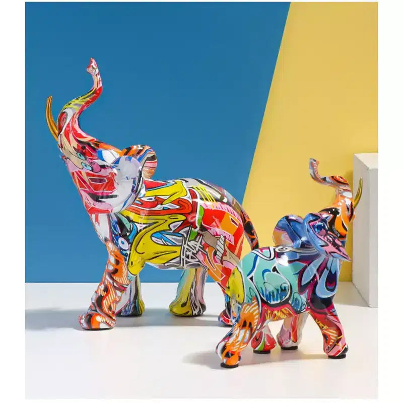 Statuetta di elefante in resina colorata effetto graffiti - Decorazione per la casa stampata a trasferimento ad acqua per il soggiorno