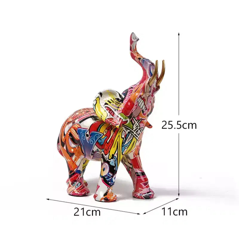 Statuetta di elefante in resina colorata effetto graffiti - Decorazione per la casa stampata a trasferimento ad acqua per il soggiorno