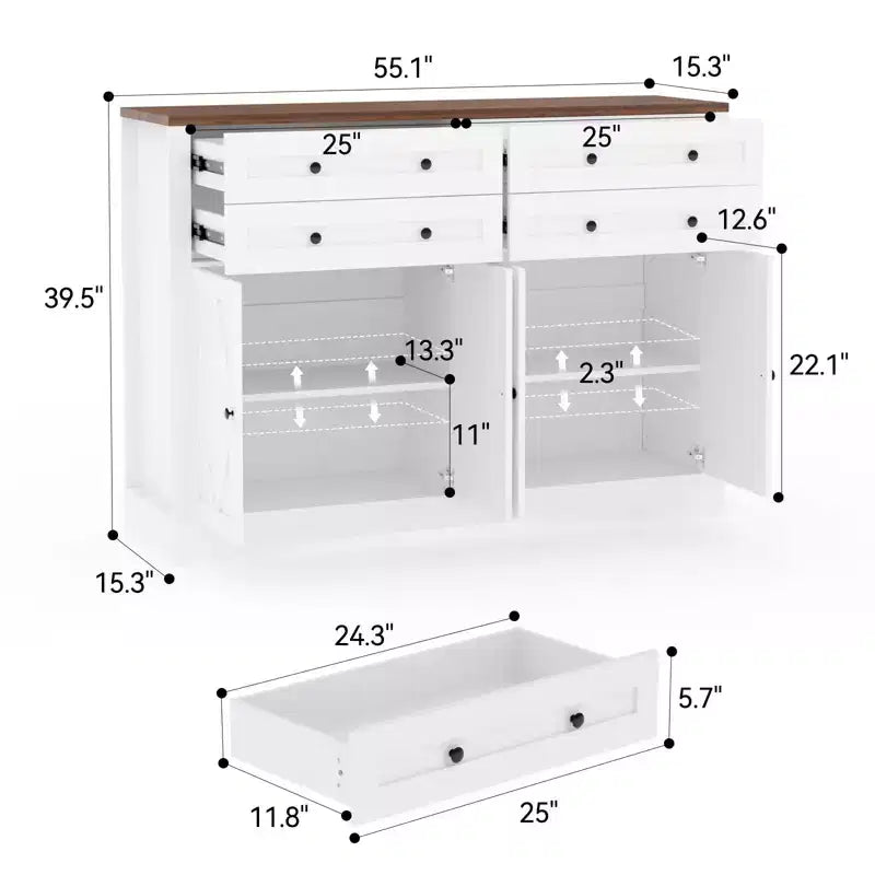 Credenza da Cucina con Mobile Contenitore, Mobile Bar in Legno Rustico Grande 140 cm con 4 Ante e 4 Cassetti per Cucina Soggiorno Sala da Pranzo