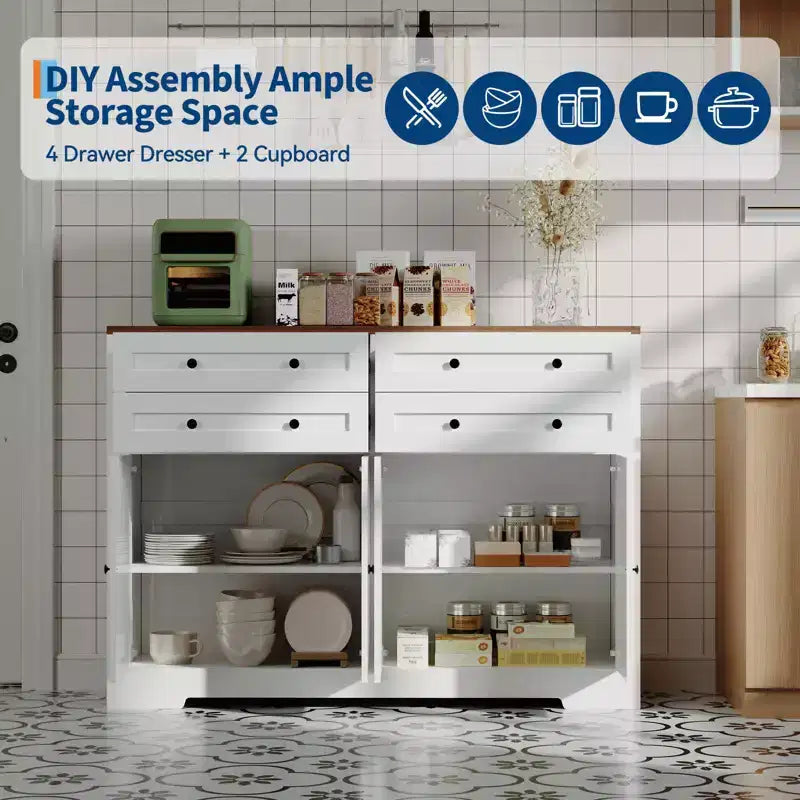 Credenza da Cucina con Mobile Contenitore, Mobile Bar in Legno Rustico Grande 140 cm con 4 Ante e 4 Cassetti per Cucina Soggiorno Sala da Pranzo