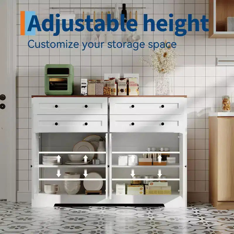 Credenza da Cucina con Mobile Contenitore, Mobile Bar in Legno Rustico Grande 140 cm con 4 Ante e 4 Cassetti per Cucina Soggiorno Sala da Pranzo
