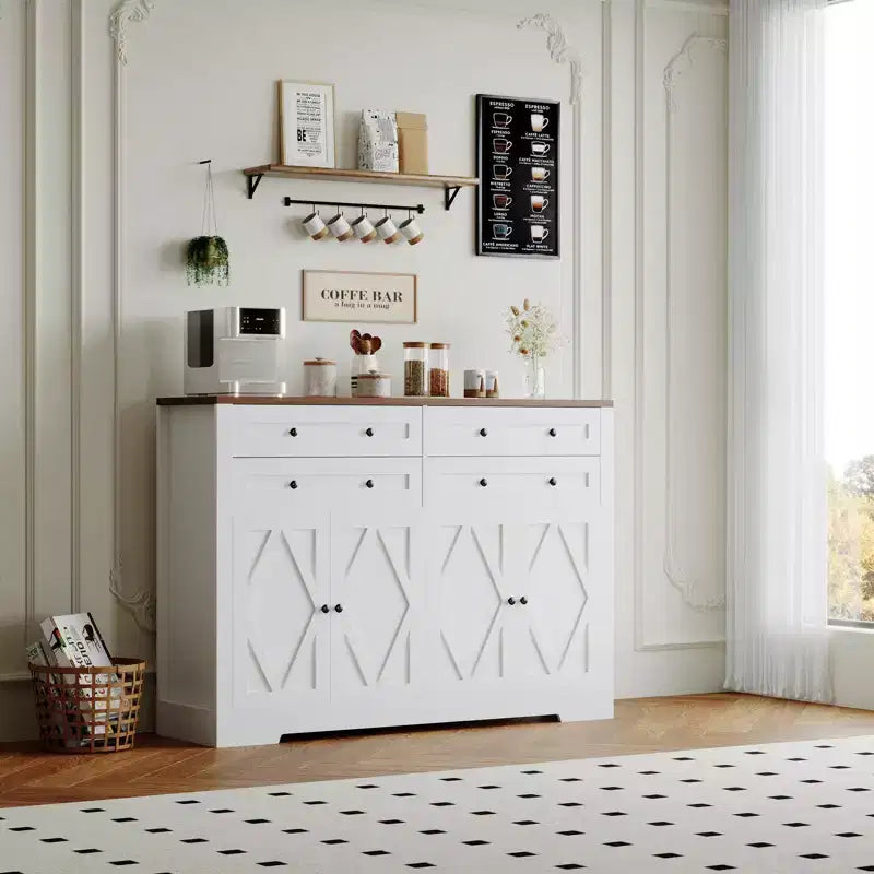 Credenza da Cucina con Mobile Contenitore, Mobile Bar in Legno Rustico Grande 140 cm con 4 Ante e 4 Cassetti per Cucina Soggiorno Sala da Pranzo