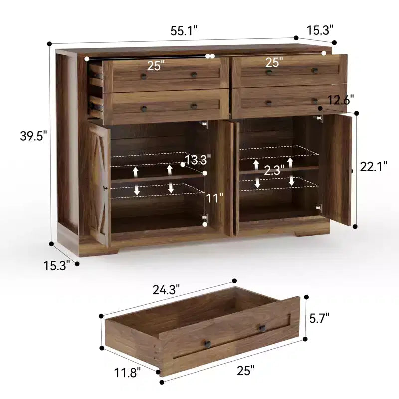 Credenza da Cucina con Mobile Contenitore, Mobile Bar in Legno Rustico Grande 140 cm con 4 Ante e 4 Cassetti per Cucina Soggiorno Sala da Pranzo