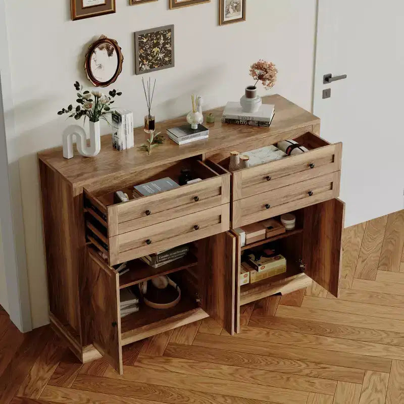Credenza da Cucina con Mobile Contenitore, Mobile Bar in Legno Rustico Grande 140 cm con 4 Ante e 4 Cassetti per Cucina Soggiorno Sala da Pranzo