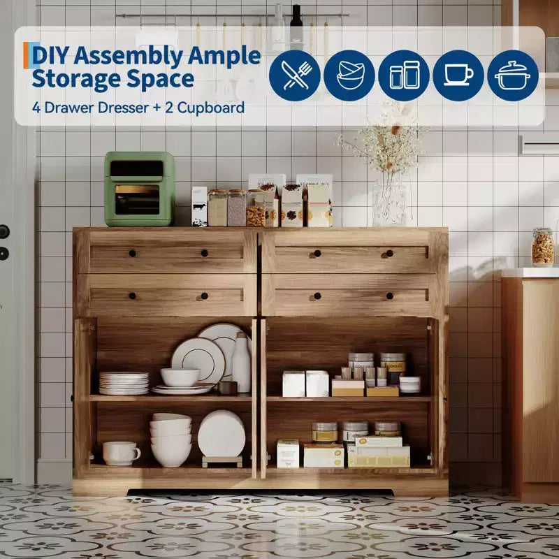 Credenza da Cucina con Mobile Contenitore, Mobile Bar in Legno Rustico Grande 140 cm con 4 Ante e 4 Cassetti per Cucina Soggiorno Sala da Pranzo