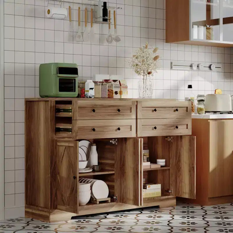 Credenza da Cucina con Mobile Contenitore, Mobile Bar in Legno Rustico Grande 140 cm con 4 Ante e 4 Cassetti per Cucina Soggiorno Sala da Pranzo